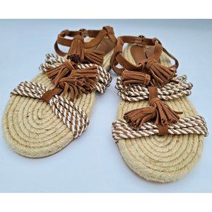 Anthropologie Fringed Rope Sandals Neutral Brown Suede Boho Tassel Size 6 M NWOB